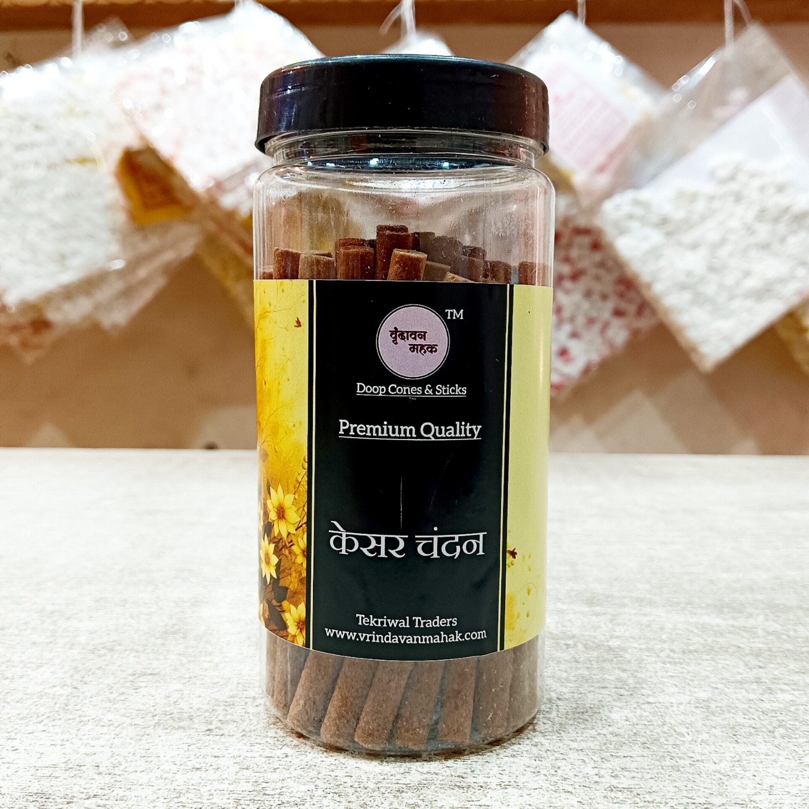 kesar-chandan-stick-.jpg Kesar Chandan Dhoop Sticks by Vrindavan Mahak – Premium 130gm Saffron Sandalwood Fragrance - Image 1