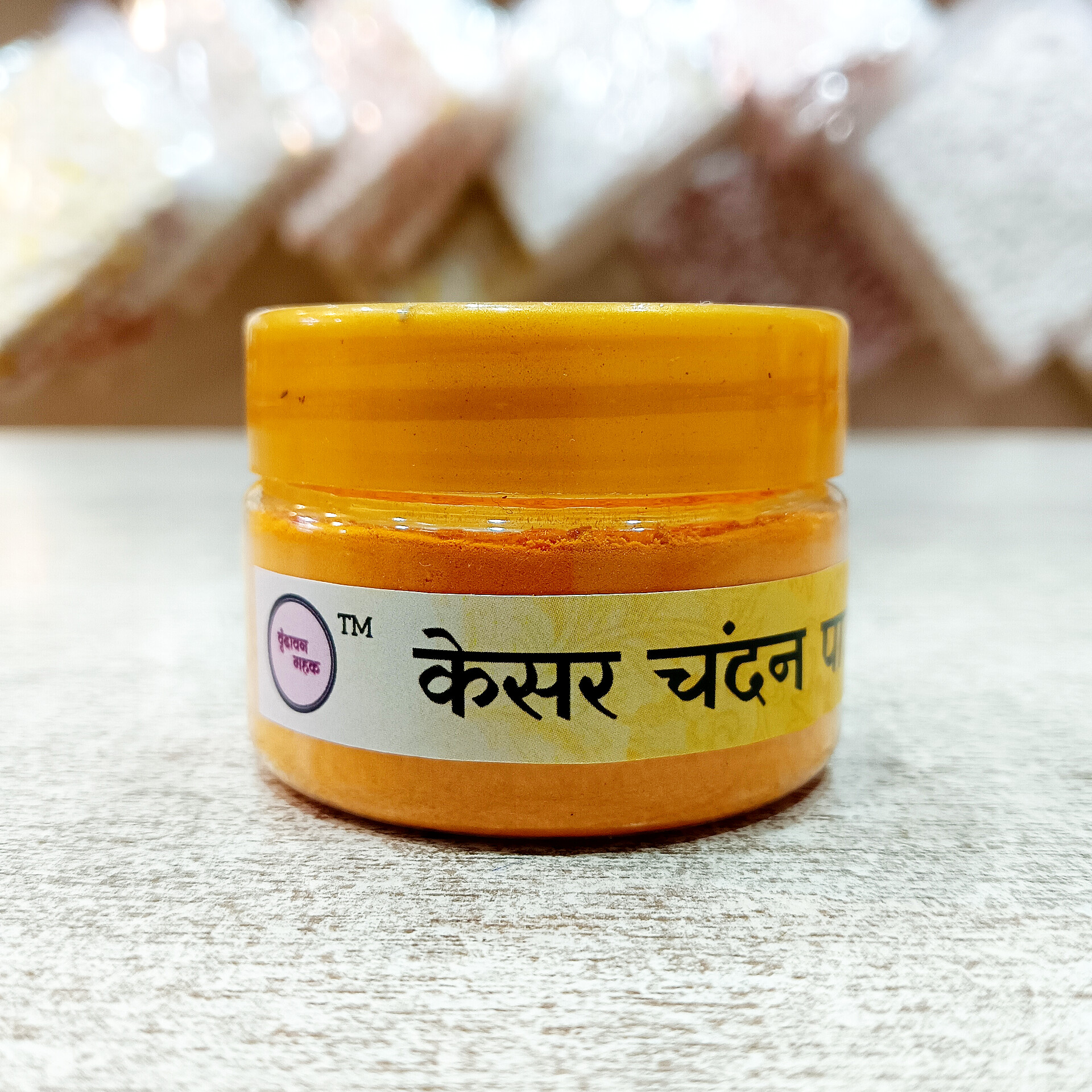 kesar-chandan.jpg Kesariya Chandan Tilak Powder for Pooja – Divine aroma uplifts mind, perfect for holy worship - Image 1